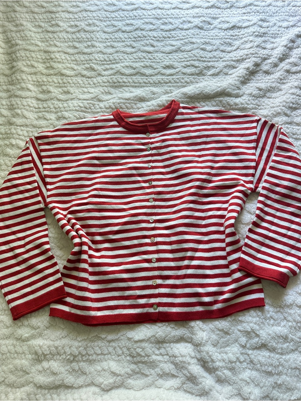 Red and White Striped Button-Up Cardigan